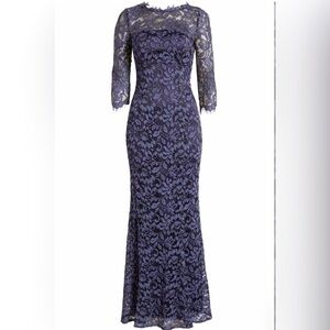 Eliza J Lace Bateau Neck Mermaid Gown in navy. Sz 14 only worn once